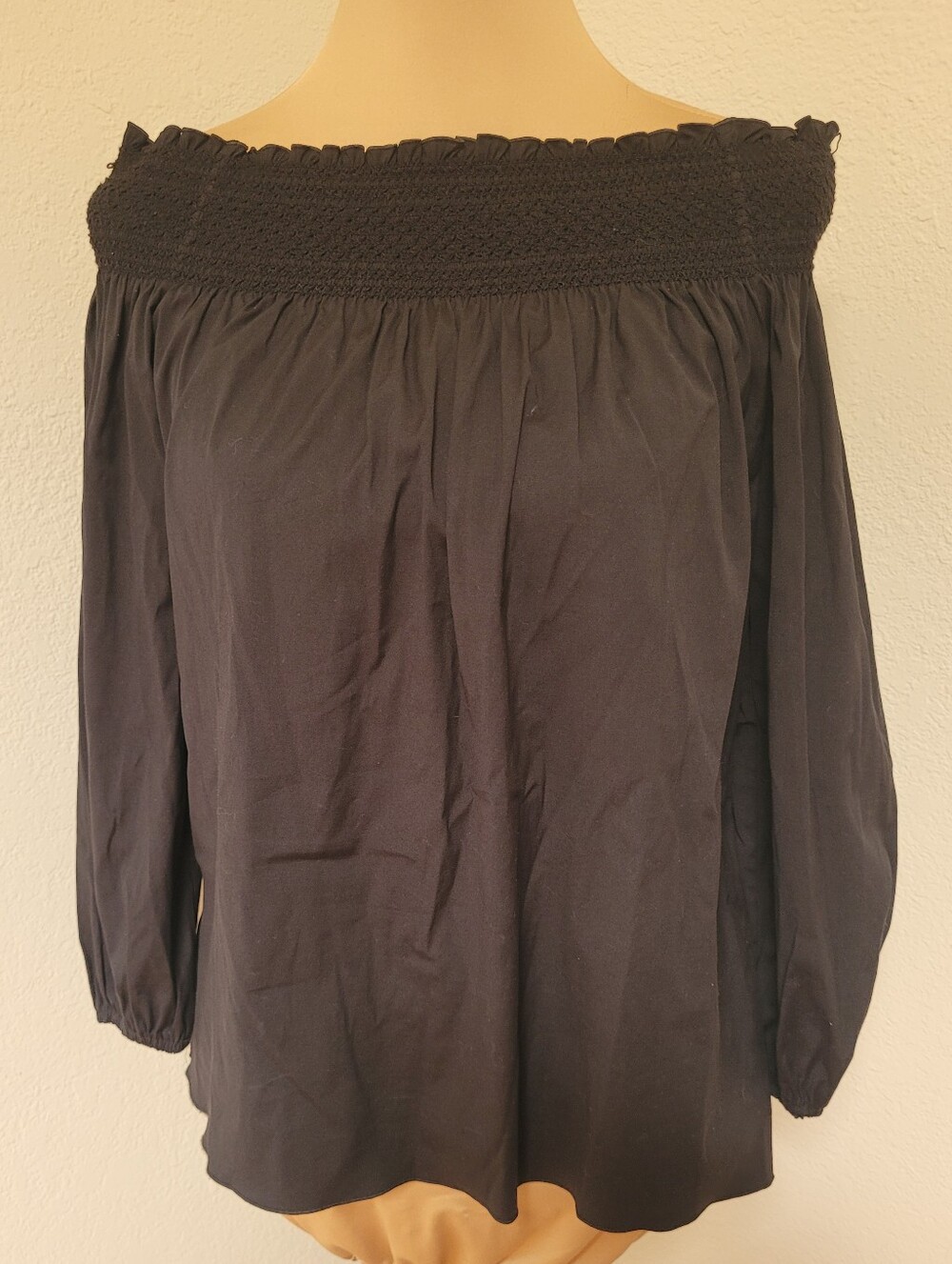 Theory Izalvan Black Smocked Off-Shoulder Top